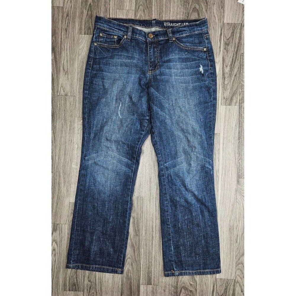 (3/$35) New York & Company Distressed Low Rise Straight Embroidered Jeans